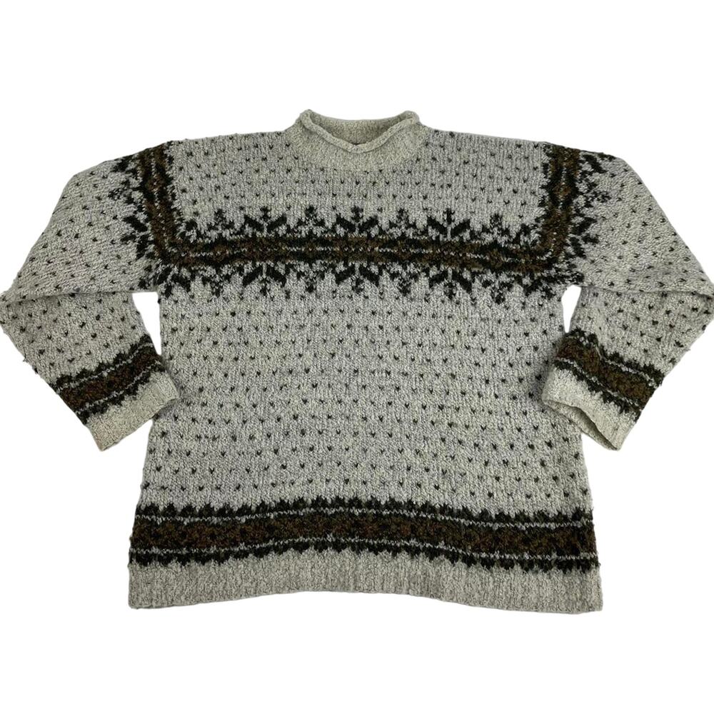 Vintage Snowflake Cream Brown High Collar Knit Snowflake Pattern Sweater Large